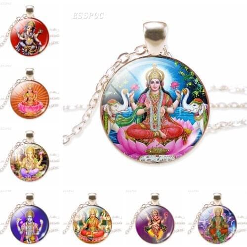 11 Styles Lakshmi Goddess Silver Colour Pendant Necklace Lakshmi Hindu Amulet Glazed Convex Pendant Necklace