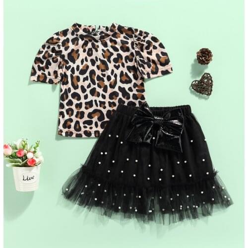 2PCS Toddler Girls Summer Clothes, Short Sleeve Leopard Print T-Shirts + Pearl Tutu Skirt Set