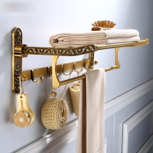 Aluminum Foldable Antique Brass Bath Towel Rack Active Bathroom Towel Holder Double Towel Shelf With Hooks Bathroom ZM233