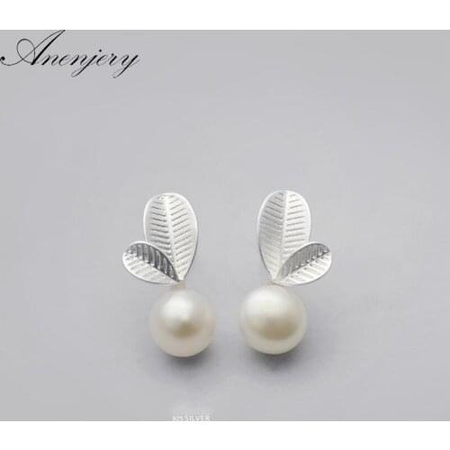 ANENJERY 925 Sterling Silver Earrings For Women Girl Bud Leaf Pearl Stud Earrings oorbellen pendientes S-E564