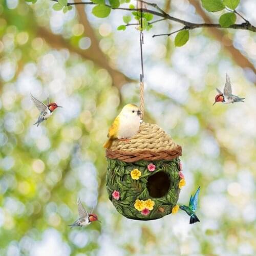 Decorative Bird House with Flower, Jute Cord, Garden Decoration Hanging Nest Hanging Bird House Bird Feeder