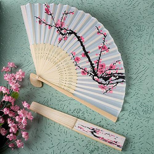 1PCS White Polyester Fans Elegant Plum Blossom Flower Print Folding Hand Fans Summer Women Girl Dancing Fan Party Favor