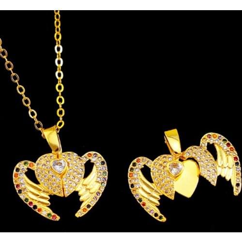 Exquisite Wing Heart Pendant Chain Yellow Gold Filled Womens Girl Charm Pendant Necklace With Colorful Zircon Inlaid