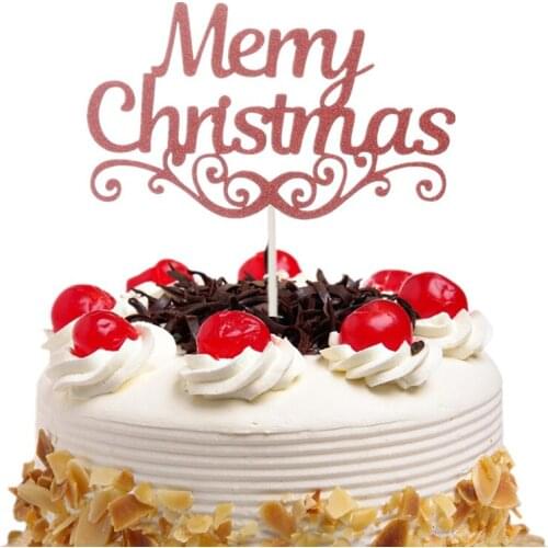 Merry Christmas Cake Topper Flags Birthday Glitter Paper Cupcake Topper navidad Happy New Year Party DIY Baking Decoration Gold