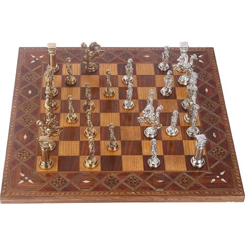 Rome Figures Metal Chess Set,Handmade Pieces,Natural Solid Wooden Chess Board with Original Pearl Around Board King 10cm