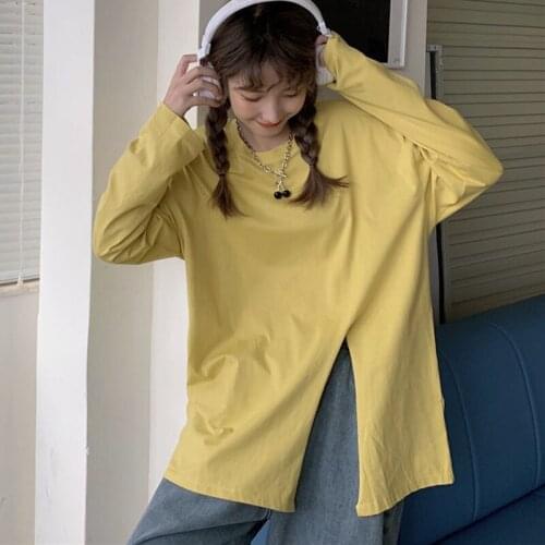 Autumn Korean casual Simple Basic T-shirts Women Harajuku Solid Side-slit Chic Female O-neck Tops College Streetwear