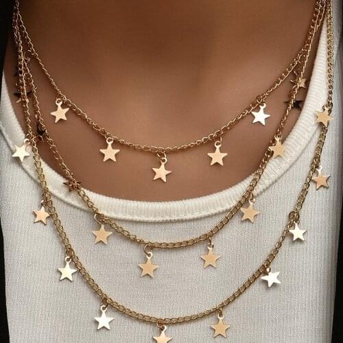 Bohemian Fashion Gold Multilayer Star Pendant Necklace for Women Vintage Clavicle Chain Necklace Set Jewelry Gift