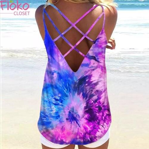 Flokocloset Sexy Open Back Cross Print Camisoles Summer Sleeveless Tank Tops Women Camis Vintage Clothes
