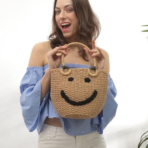 Woven Rattan Bag Smiley Cute Personality Straw Shoulder Pack Bucket Beach HandBags Women Summer Hollow Handmade Female Clutch