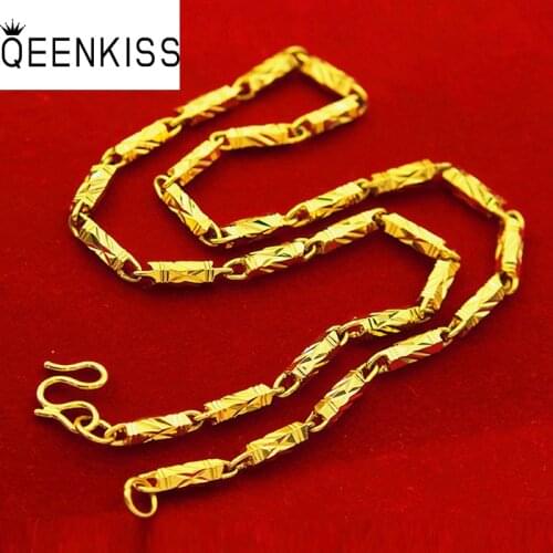 QEENKISS NC536 Fine Jewelry Wholesale Fashion Hot Man Male Birthday Wedding Gift Vintage Bamboo Joint 24KT Gold Chain Necklaces