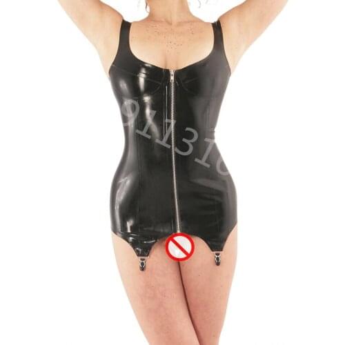 Rubber Latex Female Bodysuit with Garter Blets Front Zip for Stockings Sexy Tight Catsuit Fetish Handmade