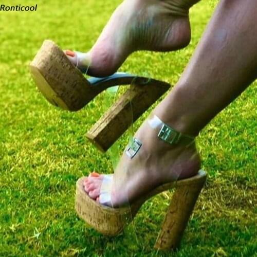 Ronticool Customize Color Women Platform Sandals Transparent Strappy Cork Block Heels Open Toe Brown Party Shoes US Size 5-20