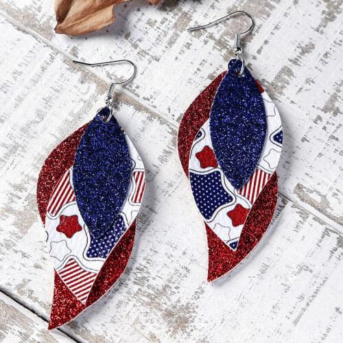 Wholesale American Independence Day Printed Flag Five-pointed Star Pu Leather Earrings Multi-layer Leaf Sequins Tassel Earrings