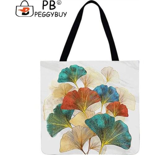 Ginkgo Leaf Dog and Flowers Castle Landscape Printed Shoulder Shopping Tote Bag Casual All-match Large Capacity Linen Handbags