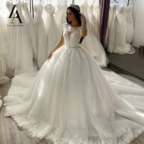 LelaAcra Appliques Beaded Wedding Dresses Sleeveless Ball Gown 2021 Luxury Bridal Princess LI52 Plus Size Vestido De Novia