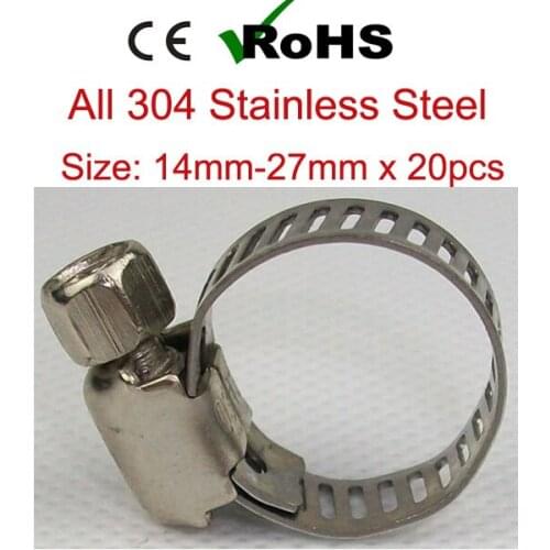 14mm-27mm x 20pcs American Type Worm SS304 Stainless Steel Hose Clips Tube Clamps for Pipes