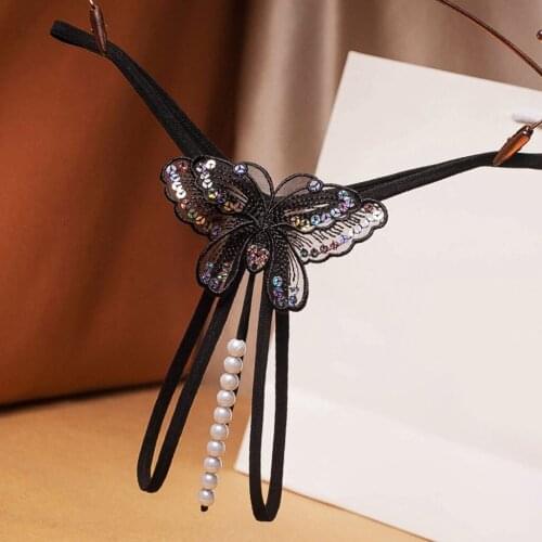 Pearl Sexy Thong Lace Buttterfly Sexy Lingerie Porno Crotchless Panties Womens Underwear Hot Erotic Briefs Temptation Underpant