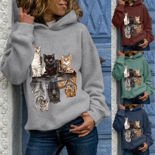 Women Causal Winter Hooded Sweatshirt Animal Cats Printing Long Sleeves Pullover Polyester Women Blouses Tops толстовка оверсайз