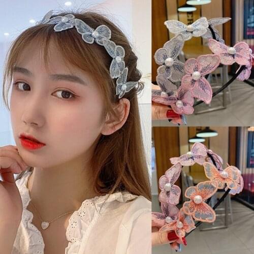 Womens Headbands Butterfly Pearl Hairband Embroidery Head Wrap Elastic Headband Handmade Fashion Hair Accessories
