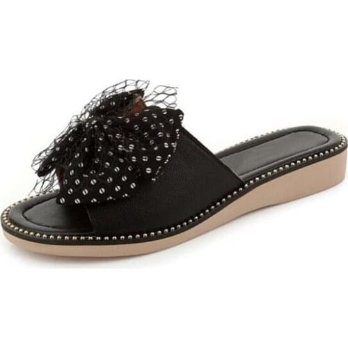 2020 New Summer Open Toe Bow Flat Sandals Women Leather Silppers Soft Cowhide Comfort Fashion Casual Sandals Large Size Sandals