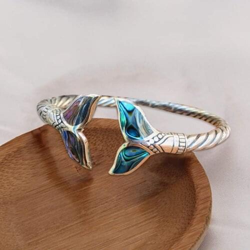 Abalone Shell and Mermaid Tail Bangle Bracelet Adjustable Open Hand Chain for Women Girls
