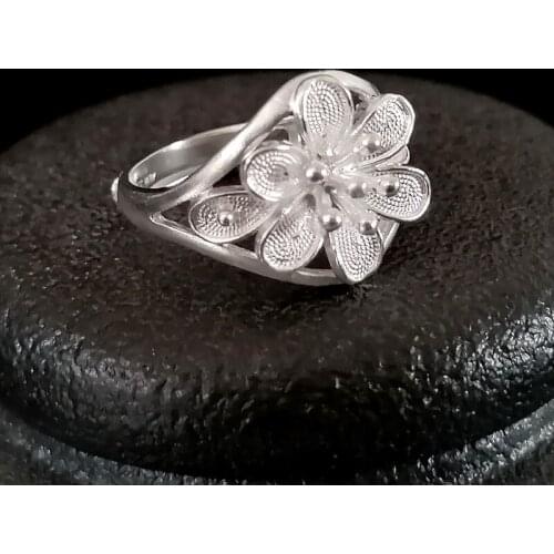 Bastiee Vintage Flower 999 Sterling Silver Rings For Women Engagement Ring Adjustable Handmade Luxury Jewelry Trendy Ethnic