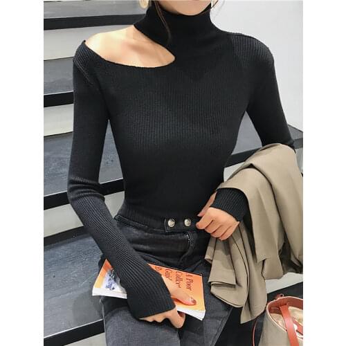 2021 Knitted Women high neck Sweater Sexy Off Shoulder Pullovers Turtleneck Autumn Winter Basic Women Sweaters Slim Fit Tops