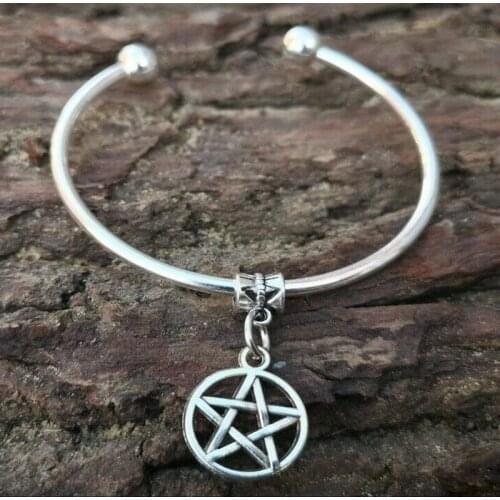 Boho Supernatural Pentagram Hamsa Hand Bangles Om Buddha Open Cuff Copper Charm Bracelets For Women Jewelry Party Bijoux Gift