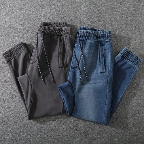 Winter Fall Fashion Thicken Stretchy Knit Sweatpants Men Japan Style Basic Elastic Waist Solid Color Vintage Loose Casual Jeans