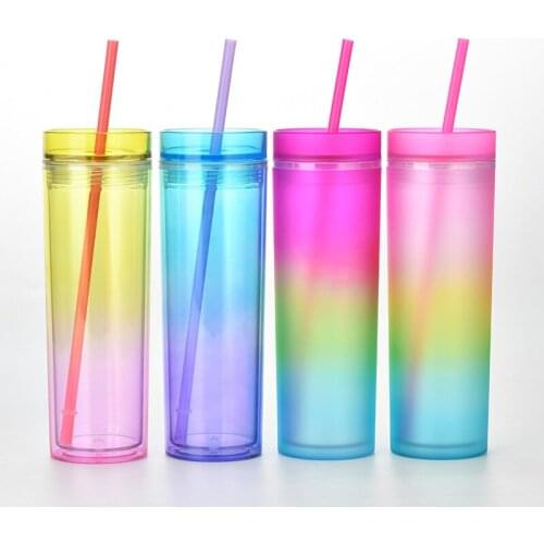 16oz double layer plastic gradient color straight drinking cup travel coffee cup with lid plastic straw water cup gift