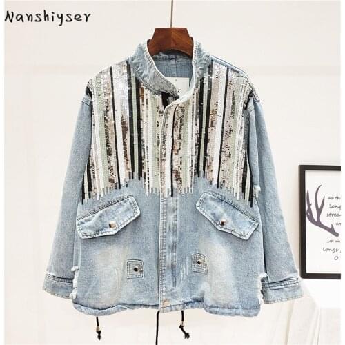 Nanshiyser Boho Camouflage Sequins Hole Denim jacket Autumn Women Lace up Jean jackets Oversized Bomber Jacket Jaquetas Feminina