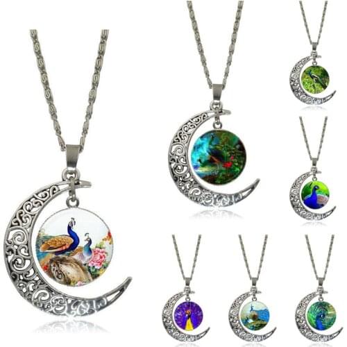 EJ Glaze For Child 2018 Peacock Necklace With Silver Plated Glass Cabochon Crescent Moon Shaped Choker Long Pendant Necklace
