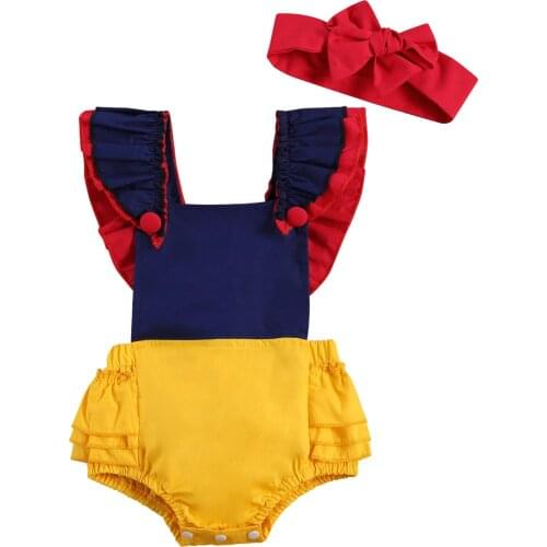 FOCUSNORM Newborn Baby Girls Princess Bodysuits Headband 2pcs Ruffles Short Sleeve Patchwork Jumpsuits