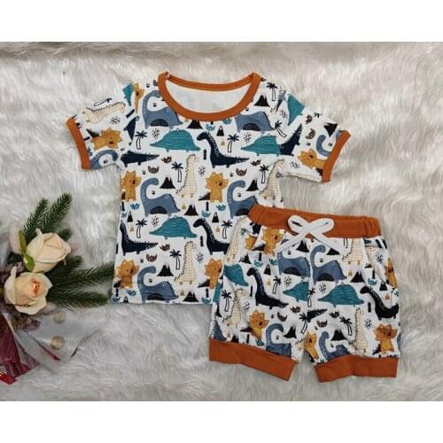 FOCUSNORM 1-5Y Toddler Kids Boy Clothes Sets Cartoon Dinosaur Print Short Sleeve T-shirt Tops Shorts Pant 2PCS
