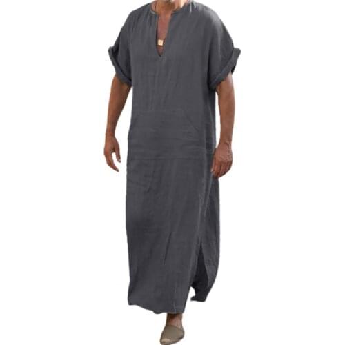 Summer Muslims Men Robe Deep V-neck Short Sleeve Solid Color Side Split Loose Vintage Robe Kaftan Traditional Men Robe Thobe