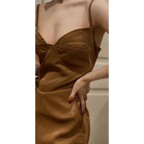 Yuga modern bra leather dress autumn and winter new brown pink PU leather sleeveless sling