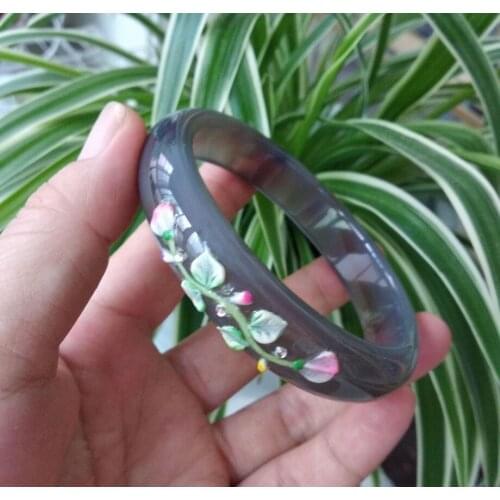 Beautiful Nature Bangle Chalcedony Agate bracelet with inlaid flowers Nice