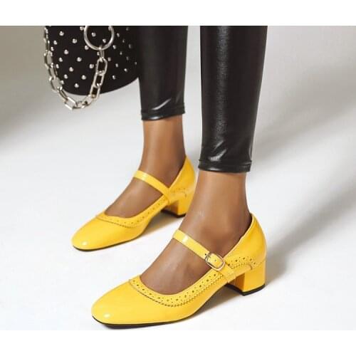 Square head button thick heel patent leather single shoes large size 48 medium heel fake shoes