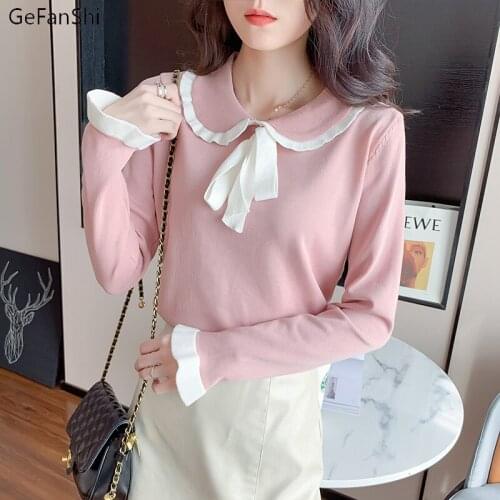 New 2021 Fashion Woman Sweaters Bow Long-Sleeved Knitting Sweater Korean Autumn Winter Slim Underwear Top Clothing