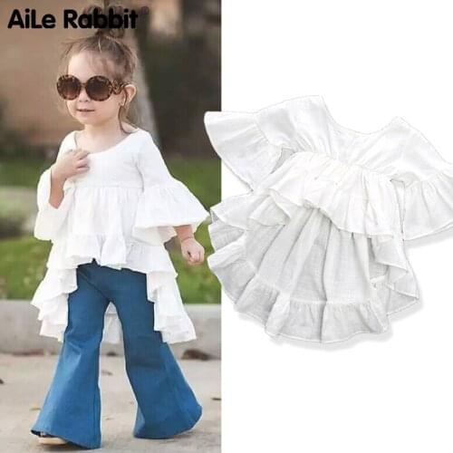 Girl Clothes Top T-shirt Trumpet Sleeve Cotton Long-sleeved Bottoming Shirt Fishtail Design Ins European Style White K1