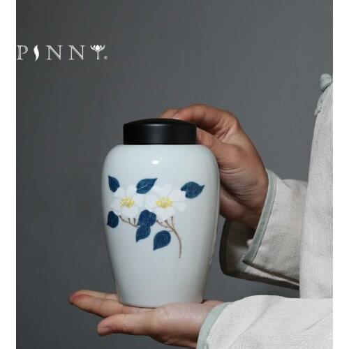 PINNY Hand Painted Camellia Tea Jar Porcelain Sealed Tea Caddy Ceramic Chinese Kung Fu Tea Accessories Storage Containers