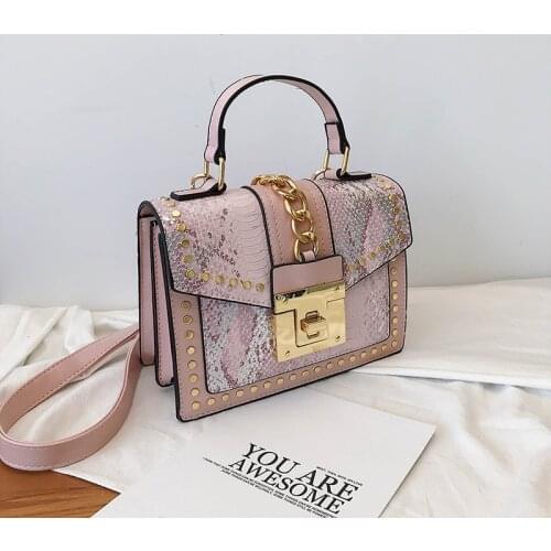 Luxury snake pattern rivet leather crossbody bag for women fashion womens shoulder bags female shopping handbags and purses