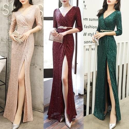 Sexy Side Split Shinning Sequins Evening Dresses Half-Sleeve V-Neck Formal Prom Gowns Floor-Length Robe For Women XUCTHHC 2020
