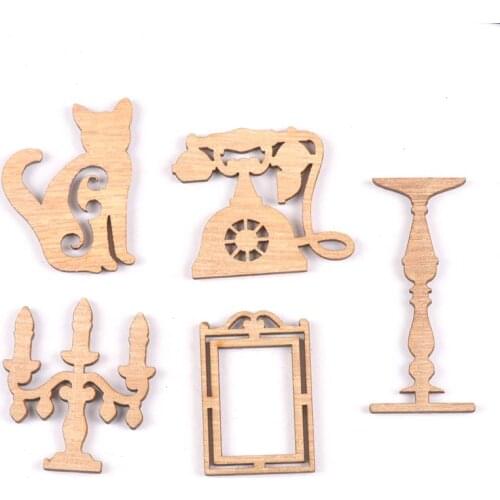 Mixed Vintage Candlestick/cat/telephone Wooden Home Decoration DIY Crafts Handmade Sewing Scrapbooking Ornaments 10pcs m1841