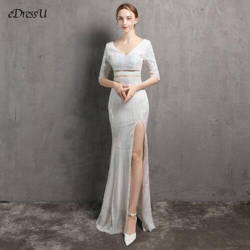 Sexy Split Evening Dress Sequins Pattern Party Dress High Quality Patchwork V-neck Mermaid Dress Formal Prom Dress YNY-18386