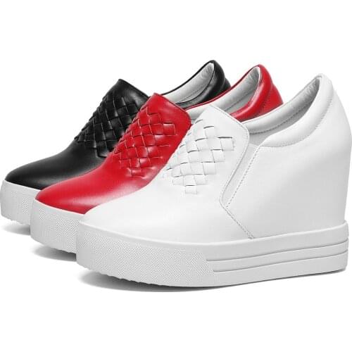 10cm High Heel Creepers Women Genuine Leather Platform Wedges Ankle Boots Female Slip On Round Toe Fashion Sneakers Casual Shoes
