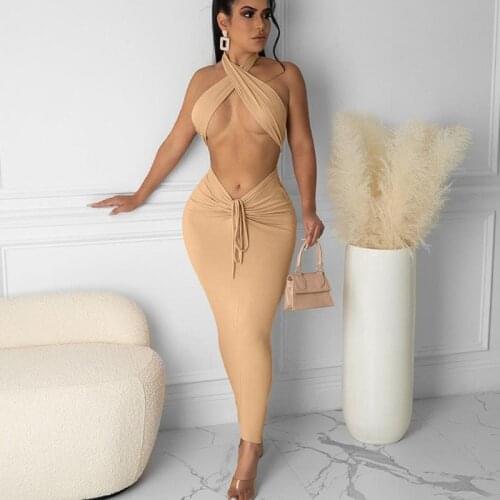 Women Sexy Cross Halter Hollow Out Bandage Crop Tops Fashion Slim Drawstring Maxi Skirts Set 2021Summer Party Club Evening Gown