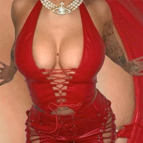 Women Pu Camis Deep V Neck Halter Bandage Lace Up Backless Crop Tops 2021 Hollow Tank Sexy High Street Sexy Bustier Black Red