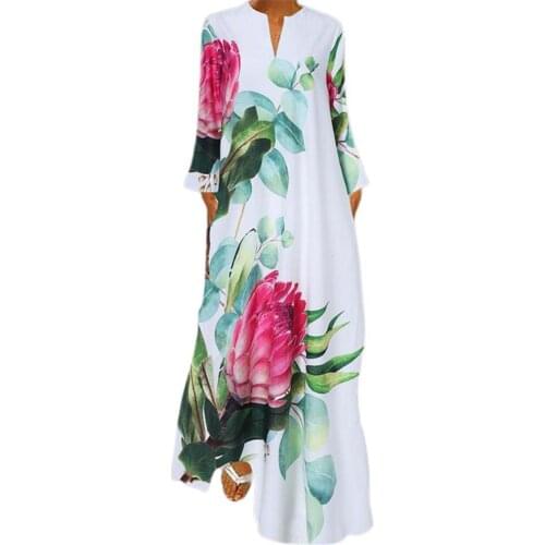 Women Elegant Fashion Dress Chinese Style Vintage V Neck Floral Print 3/4 Sleeve Casual Dress for Stage Show Party Banquet