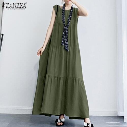 2021 ZANZEA Casual O Neck Sleeveless Sundress Women Summer Elegant Maxi Long Dress Robe Femme Ruffles Dresses Party Vestidos